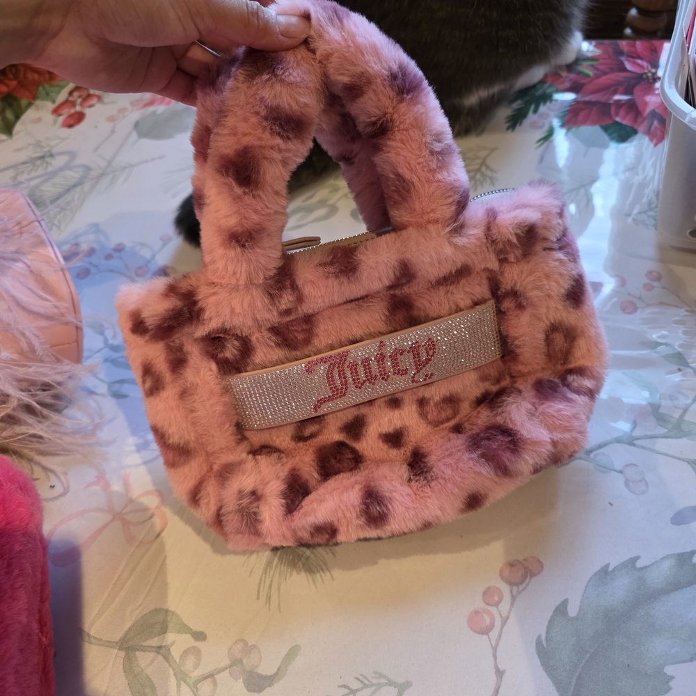 Juicy Couture Pink Leopard Faux Fur Mini Tote with Rhinestone Logo